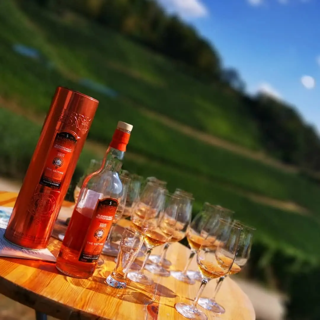 Whiskyflaschen und Gläser zwischen den Weinbergen des Ahrtals